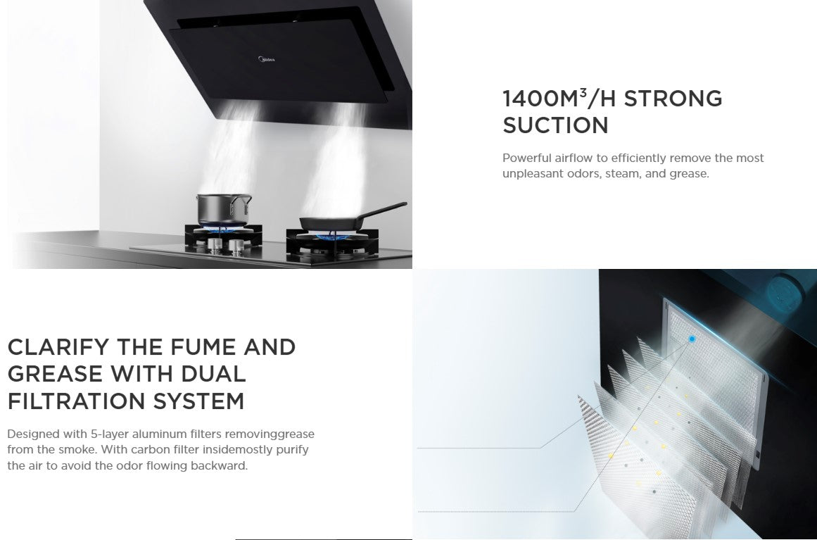 Midea 1400m3/hr Cooker Hood MCH-90J82 with Gesture control MCH90J82 (3 speed)