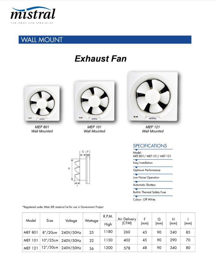 Mistral 10" Exhaust Fan Wall-mount MEF101 Low Noise (Off White)