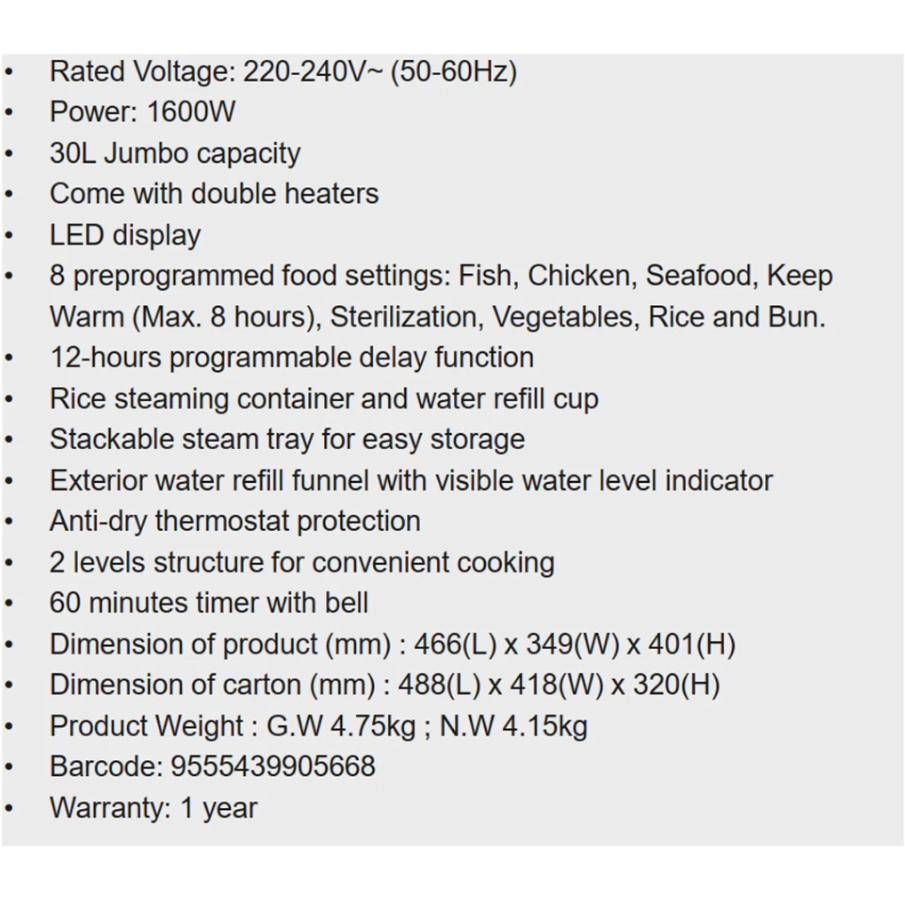 Morgan 30L Food Steamer MFS-30D / MFS30D LED display