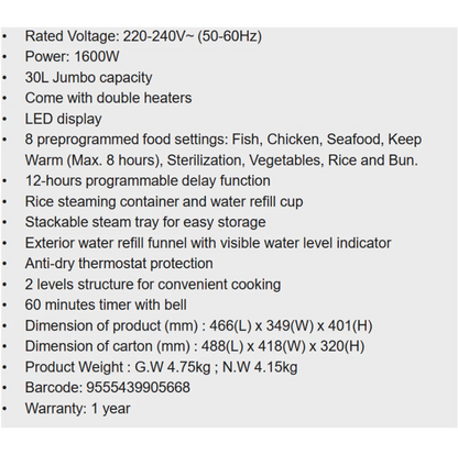 Morgan 30L Food Steamer MFS-30D / MFS30D LED display