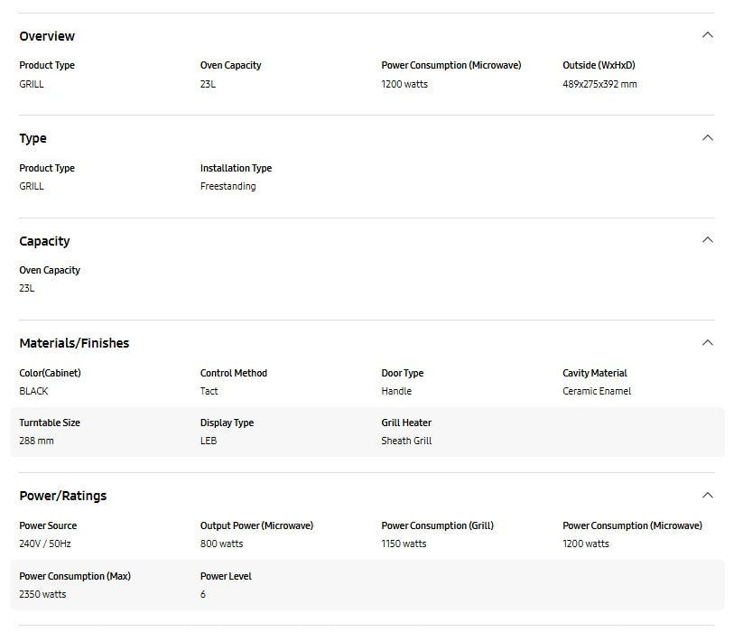 Samsung Microwave MG23K3513GK Grill Microwave Oven with Healthy Steam 23L