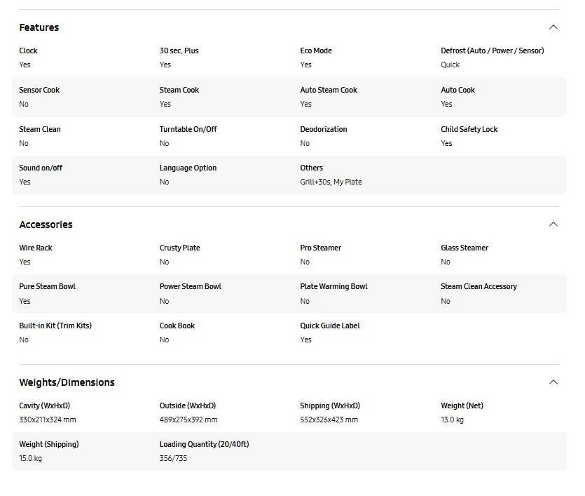 Samsung Microwave MG23K3513GK Grill Microwave Oven with Healthy Steam 23L