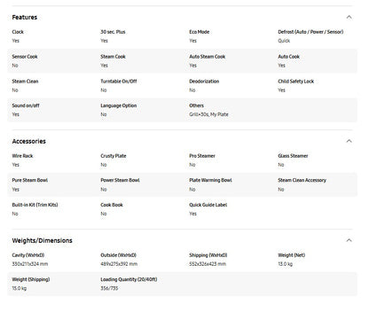 Samsung Microwave MG23K3513GK Grill Microwave Oven with Healthy Steam 23L