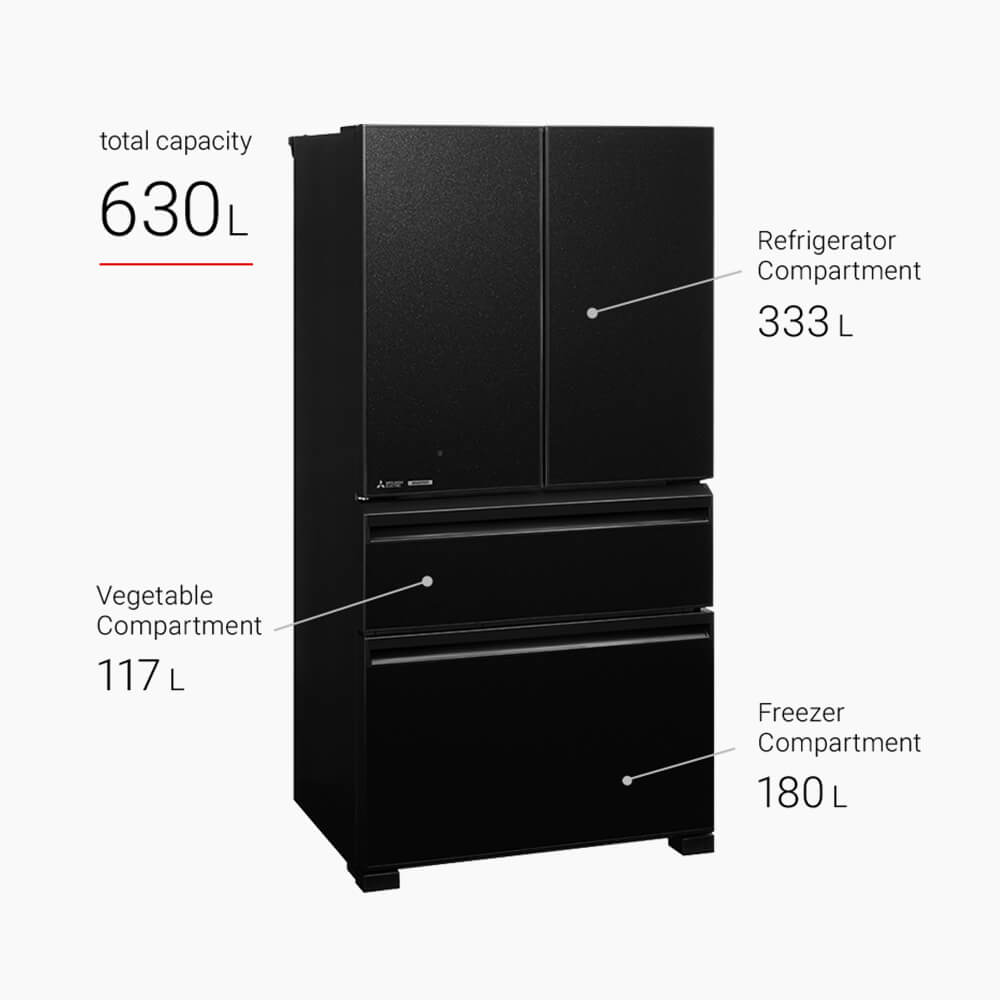 Mitsubishi 630L 4 Doors Fridge MR-LX68EM LX Series Multi Drawer Refrigerator MRLX68EM Glass Black