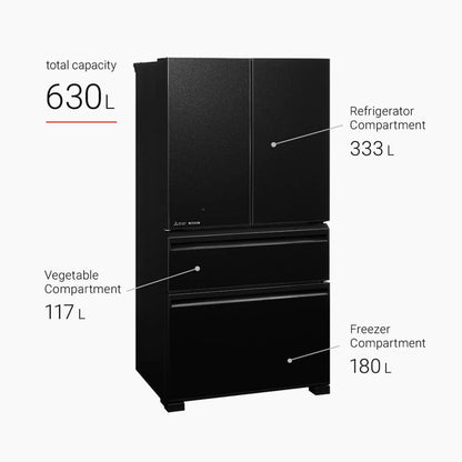 Mitsubishi 630L 4 Doors Fridge MR-LX68EM LX Series Multi Drawer Refrigerator MRLX68EM Glass Black