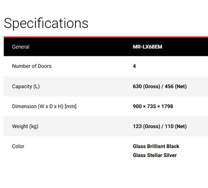 Mitsubishi 630L 4 Doors Fridge MR-LX68EM LX Series Multi Drawer Refrigerator MRLX68EM Glass Black