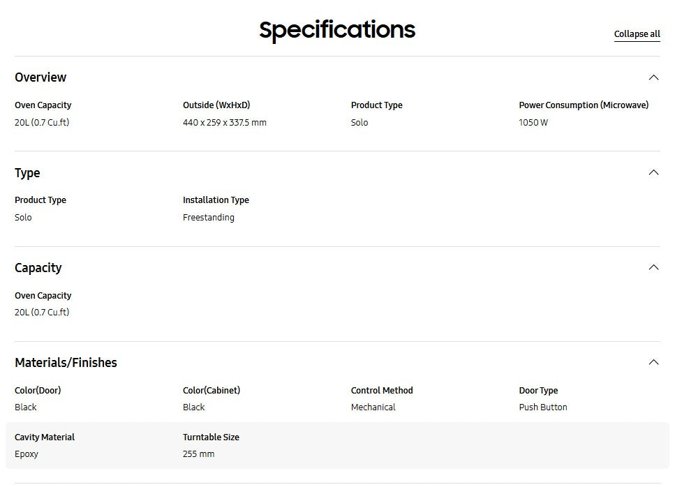 Samsung 20L Microwave Oven MS20A3010AL/SM / MS20A3010ALSM Glass Door