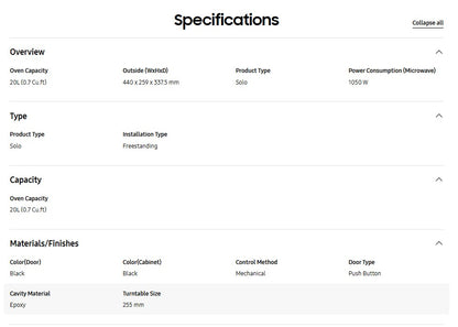 Samsung 20L Microwave Oven MS20A3010AL/SM / MS20A3010ALSM Glass Door