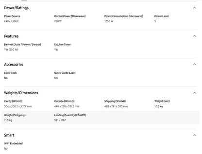 Samsung 20L Microwave Oven MS20A3010AL/SM / MS20A3010ALSM Glass Door