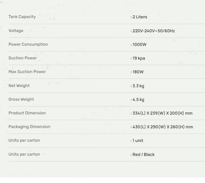 Mistral MVC1000 Bagged Vacuum Cleaner (2L) Red MVC1000RD