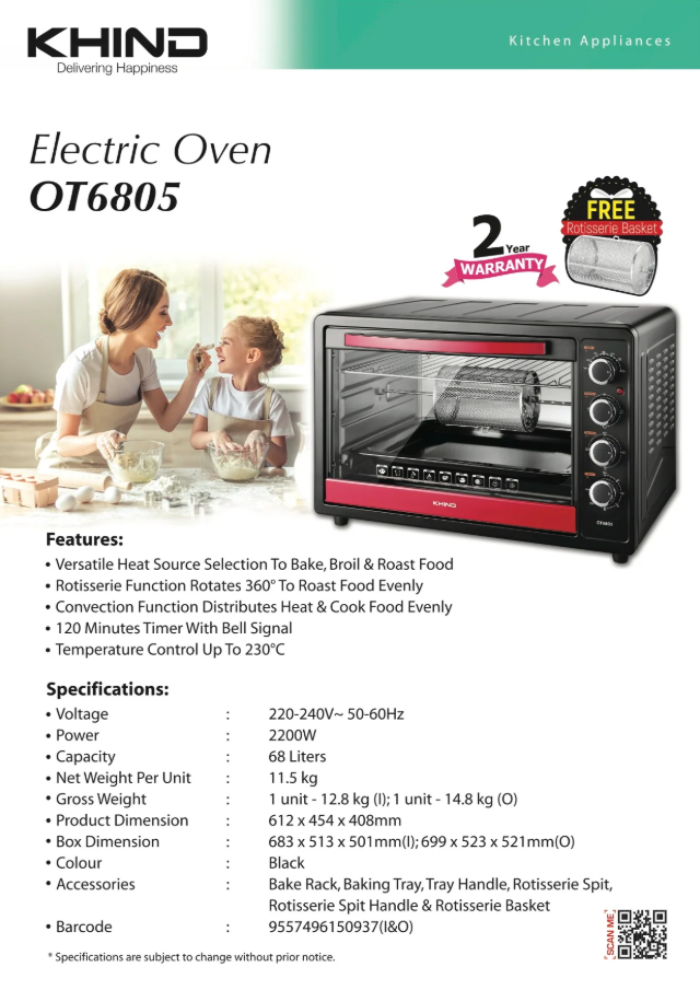 KHIND 68L Electric Oven OT6805 Rotisserie 2200W