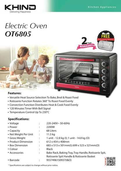 KHIND 68L Electric Oven OT6805 Rotisserie 2200W