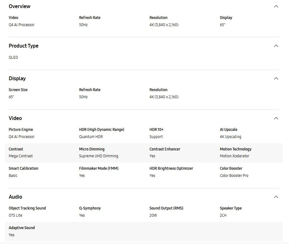 SAMSUNG 65" QLED Q7F 4K Vision AI Smart TV QA65Q7FAAKXXM Television