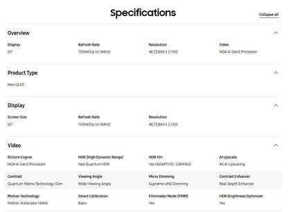 Samsung 65" Neo QLED QN70F 4K QA65QN70FAKXXM Vision AI Smart TV (2025) Television