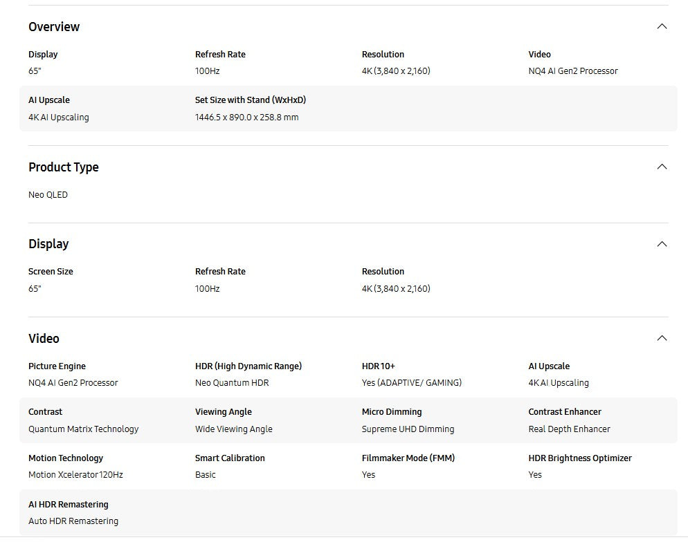 Samsung 65" QA65QN85DBKXXM Neo QLED 4K QN85D Smart TV (2025) Television