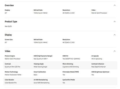 Samsung 65" QA65QN85FAKXXM Neo QLED 4K QN85F Vision AI Smart TV (2025) Television