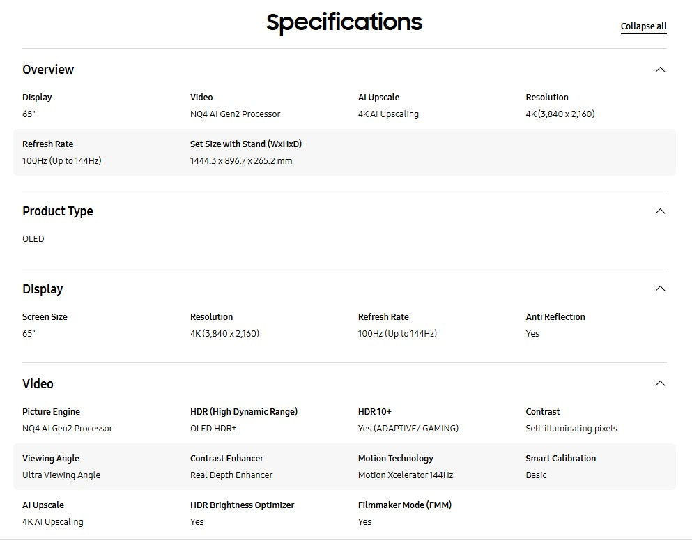 Samsung TV 65" OLED 4K S90D QA65S90DAKXXM Dolby Atmos Television