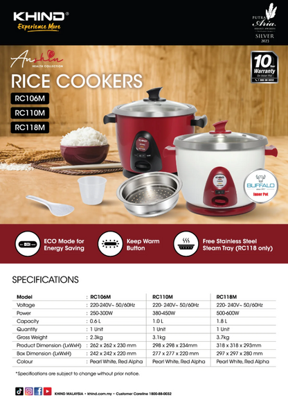 Khind Anshin (Red Alpha) Rice Cooker 1.0L RC110M Periuk Nasi