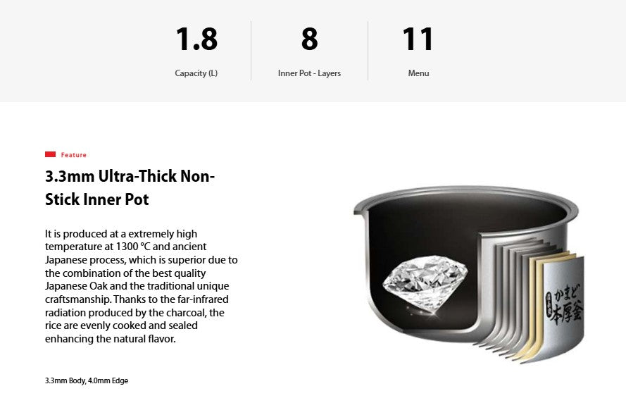 Toshiba 1.8L RC-18DR1TMY(S) Silver Bincho Charcoal Series Rice Cooker RC18DR1TMYS