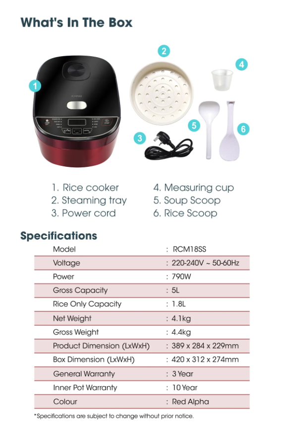 Khind 1.8L Anshin Fuzzy Logic Jar Rice Cooker with buffalo stainless steel RCM18SS