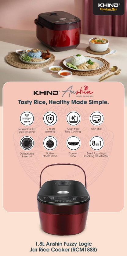 Khind 1.8L Anshin Fuzzy Logic Jar Rice Cooker with buffalo stainless steel RCM18SS