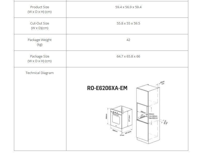 Rinnai 60CM/70LT Built-In Oven RO-E6206XA-EM / ROE6206XAEM