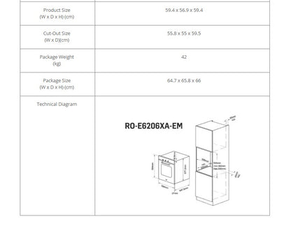 Rinnai 60CM/70LT Built-In Oven RO-E6206XA-EM / ROE6206XAEM
