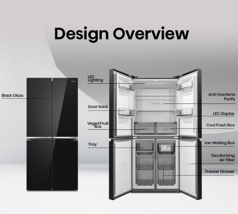 Hisense 530L 4 Door Inverter Fridge RQ556N4ABU Refrigerator (Black Glass) Peti Sejuk
