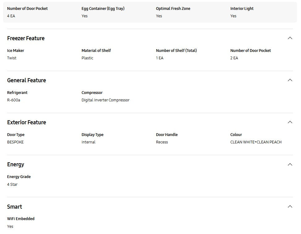 Samsung 427L Bespoke RT42CB66443PME Top Mount Freezer Refrigerator with Optimal Fresh+ in Clean White + Clean Peach Fridge