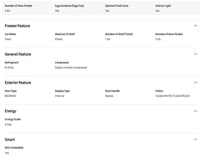 Samsung 427L Bespoke RT42CB66443PME Top Mount Freezer Refrigerator with Optimal Fresh+ in Clean White + Clean Peach Fridge