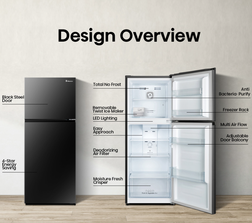 Hisense 2 Door 500L Inverter Fridge RT529N4ABN (Black Steel Door) Peti Sejuk