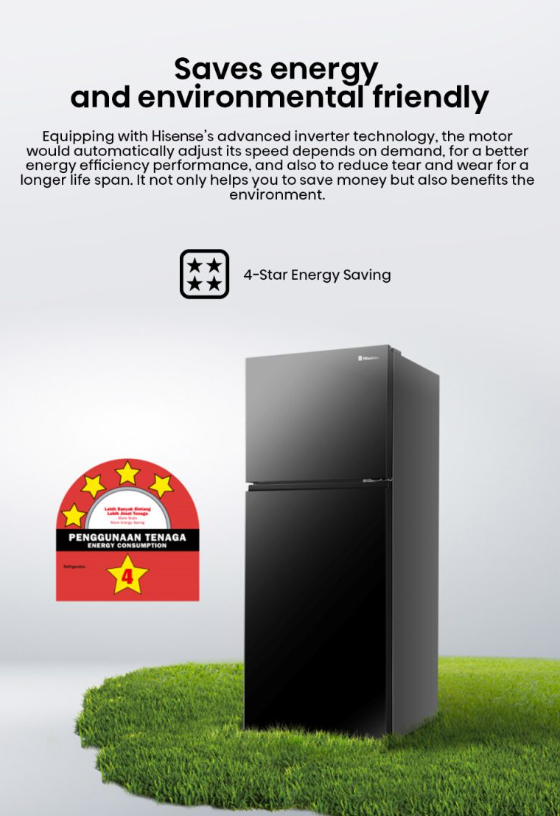 Hisense 2 Door 500L Inverter Fridge RT529N4ABN (Black Steel Door) Peti Sejuk