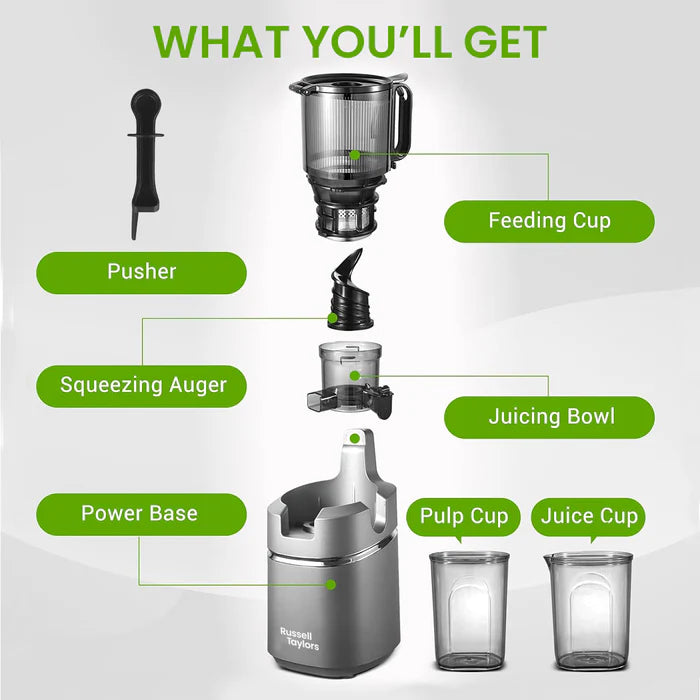 Russell Taylors Masticating Cold Press Slow Juicer with 130mm Wide Feeding Tube SJ3