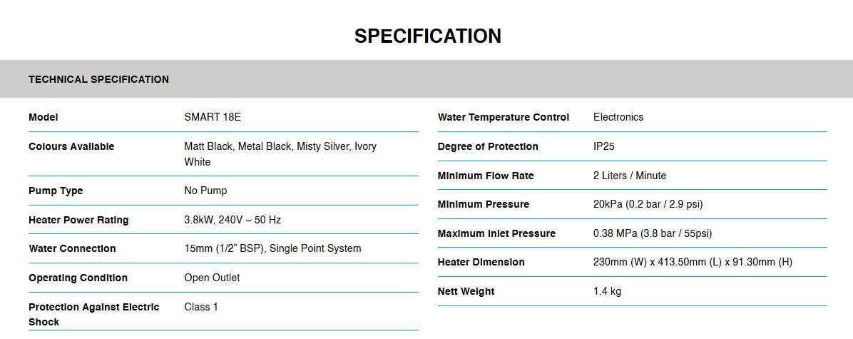 Alpha Instant Water Heater NO PUMP SMART 18e / SMART18E METAL BLACK