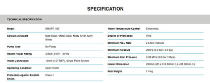 Alpha Instant Water Heater NO PUMP SMART 18e / SMART18E METAL BLACK