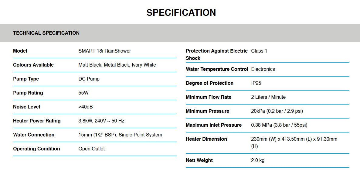 Alpha Instant Water Heater with DC PUMP SMART 18i plus rain shower / SMART18IRS Ivory White