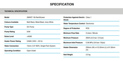Alpha Instant Water Heater with DC PUMP SMART 18i plus rain shower / SMART18IRS Matt Black