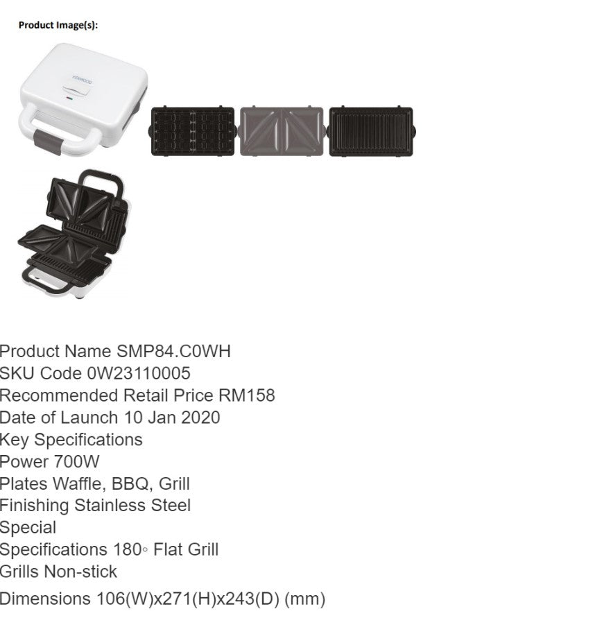 Kenwood 3 in 1 SMP84 / Waffle Maker / Grill smp84.c0wh replaces SM650