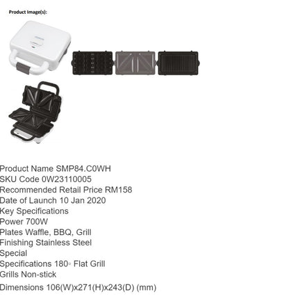 Kenwood 3 in 1 SMP84 / Waffle Maker / Grill smp84.c0wh replaces SM650