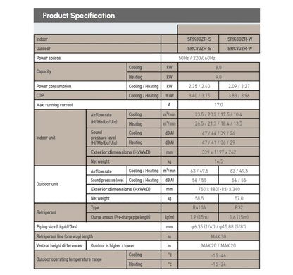 Mitsubishi 3.0HP SRK80ZR-W Standard Inverter Aircond R32 Air conditioner SRK80ZRW