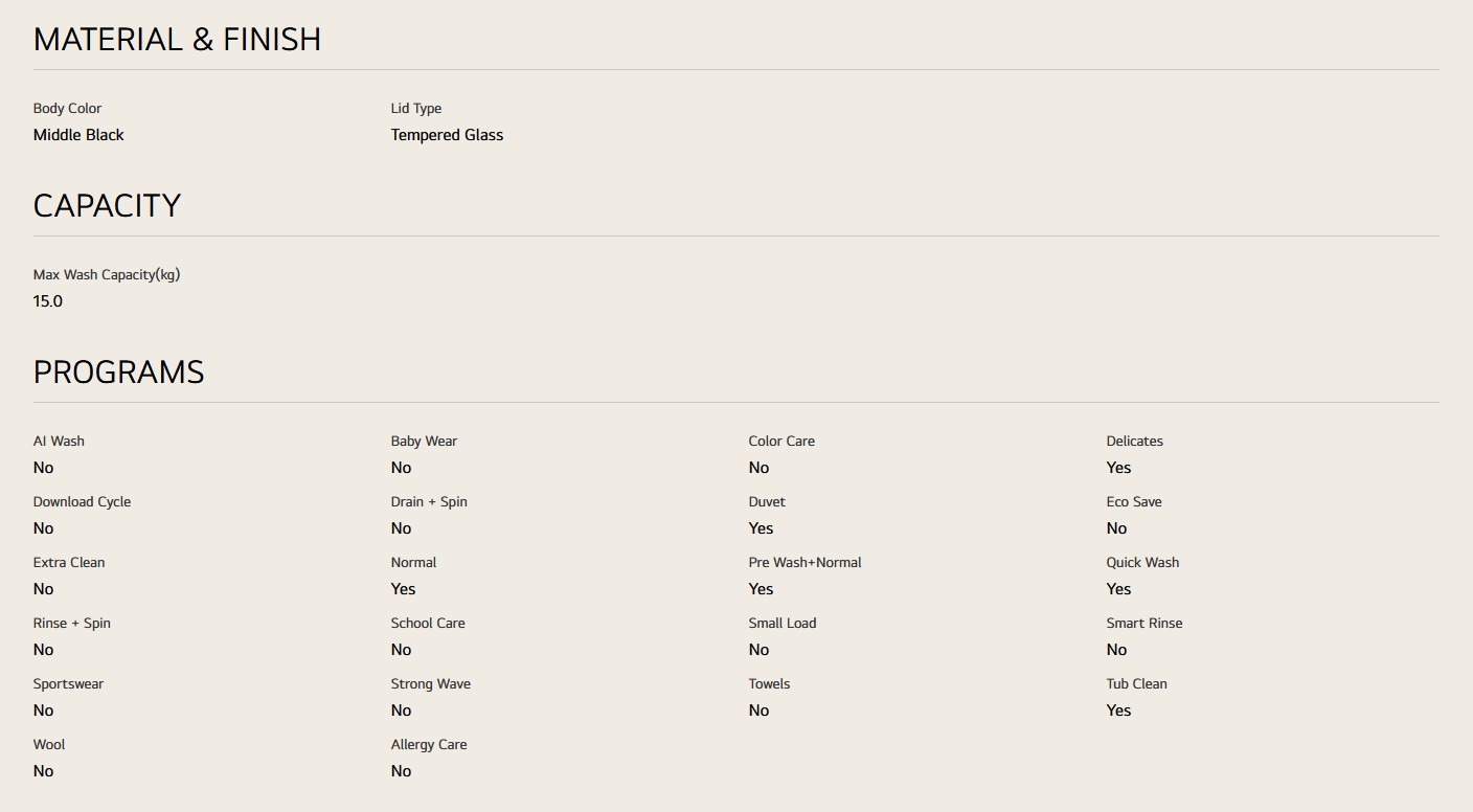LG T2515VBTB 15kg Top Load Washer with Smart Inverter and Turbo Drum