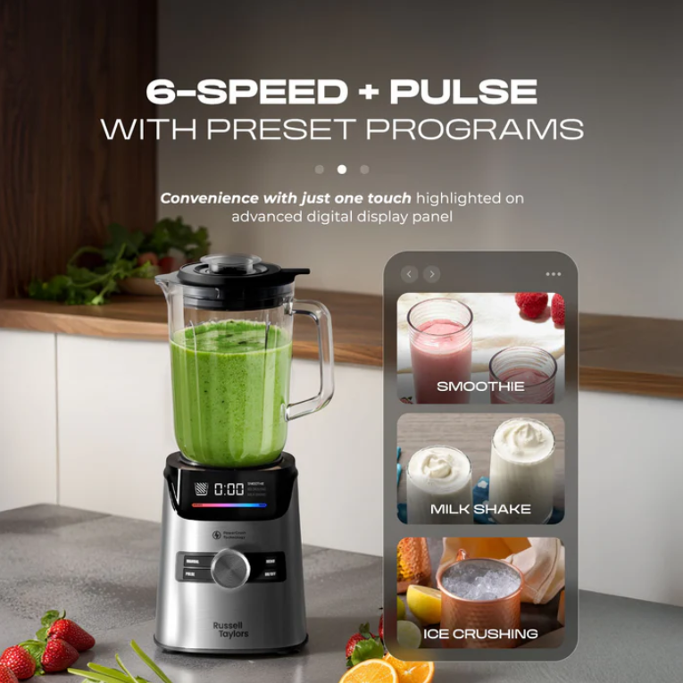 Russell Taylors PowerCrush Blender 1.7L Glass Jug with Grinder 1400W TB10