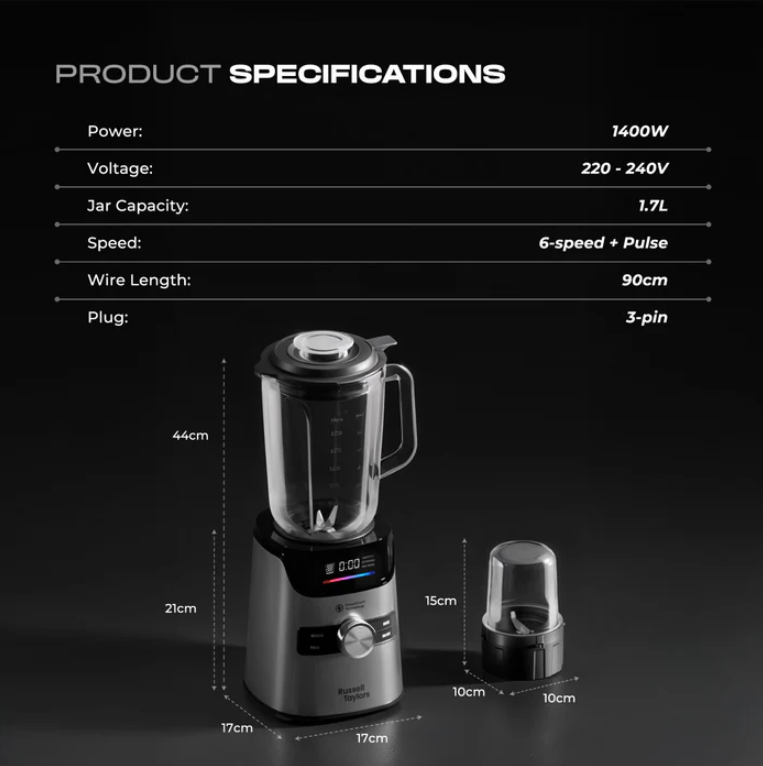 Russell Taylors PowerCrush Blender 1.7L Glass Jug with Grinder 1400W TB10