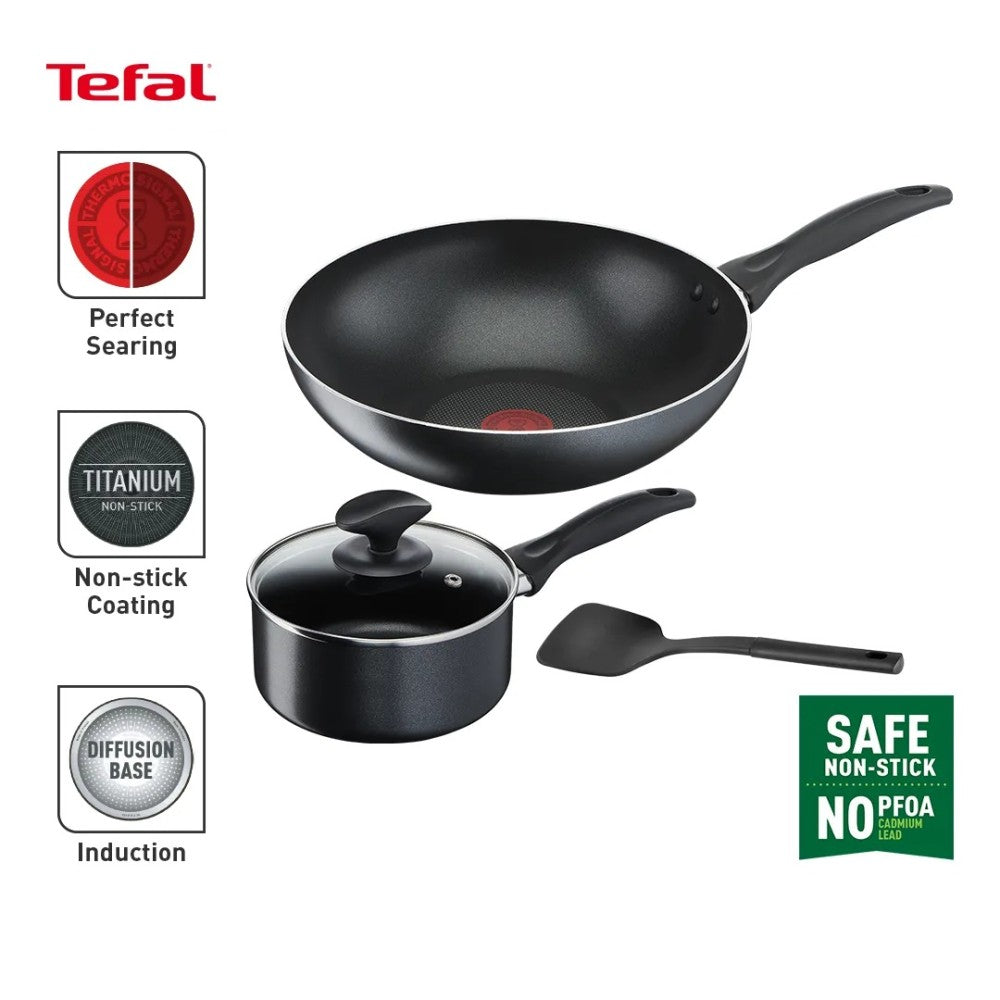 TEFAL B225S4 COOK & CLEAN non induction 4 PC SET : WOKPAN 28 CM SAUCEPAN 16 CM+LID SPATULA