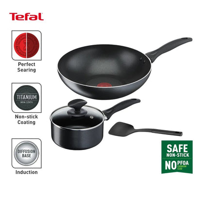 TEFAL B225S4 COOK & CLEAN non induction 4 PC SET : WOKPAN 28 CM SAUCEPAN 16 CM+LID SPATULA