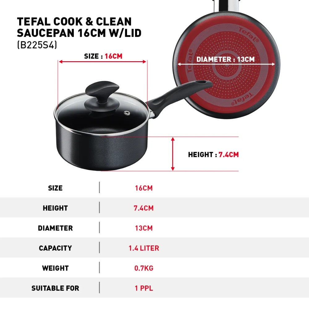 TEFAL B225S4 COOK & CLEAN non induction 4 PC SET : WOKPAN 28 CM SAUCEPAN 16 CM+LID SPATULA