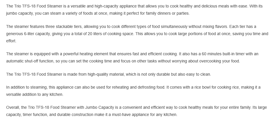 Trio 20L Food Steamer with Jumbo Capacity TFS-18/TFS18