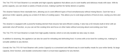 Trio 20L Food Steamer with Jumbo Capacity TFS-18/TFS18