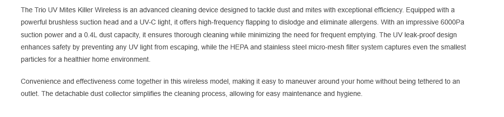 Trio UV Mites Killer Wireless with High Suction Power for Dust and Mites TMK-335/TMK335