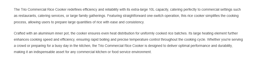 Trio 10L Commercial Rice Cooker with Extra Large Capacity TRC-10L/TRC10L